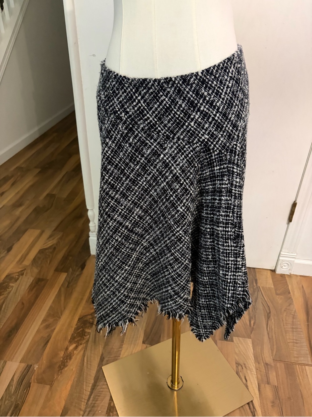 Y2K / 2000s Preppy Black & White Asymmetrical Fringe Tweed Skirt, Small